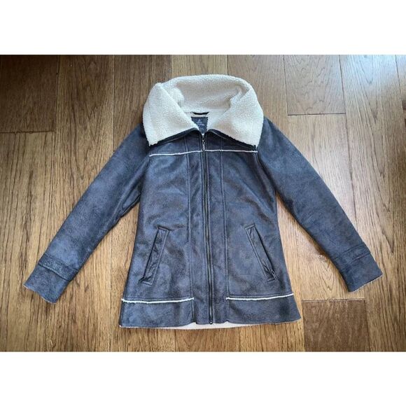 prAna Jacket Faux Leather Sherpa Grey Lined Full Zip Long Small EUC - Picture 1 of 12